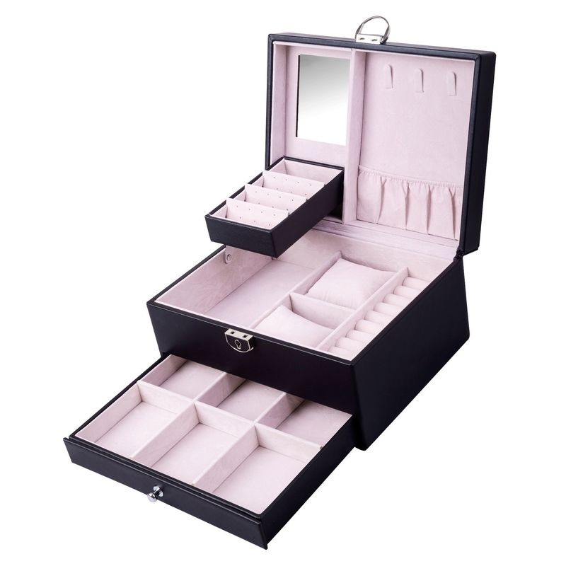 Ensemble de bijoux en cuir rose noir de luxe carré/anneau/oreille/collier/bracelet/horloge