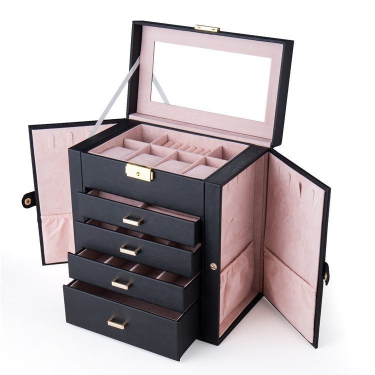 Ensemble de bijoux en cuir rose noir de luxe carré/anneau/oreille/collier/bracelet/horloge