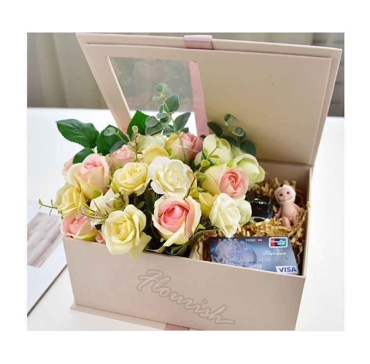 Boîte cadeau de fleurs de couleur personnalisée Emballage avec fenêtre transparente et ruban Eco-friendly